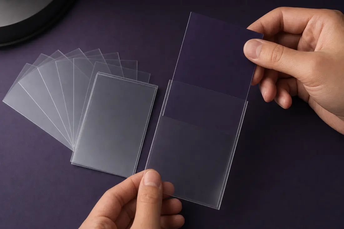 A trading card being placed into an inner sleeve before an outer sleeve on a game table
